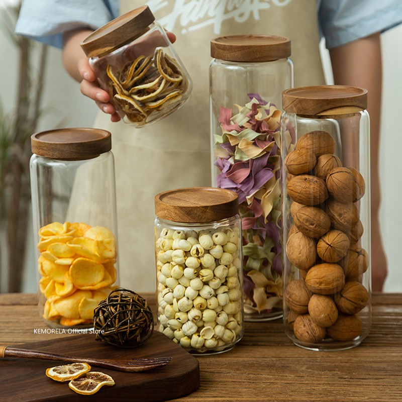 Food Storage Glass Containers - Luftdichter Glaskanister mit Holzdeckel, für die
