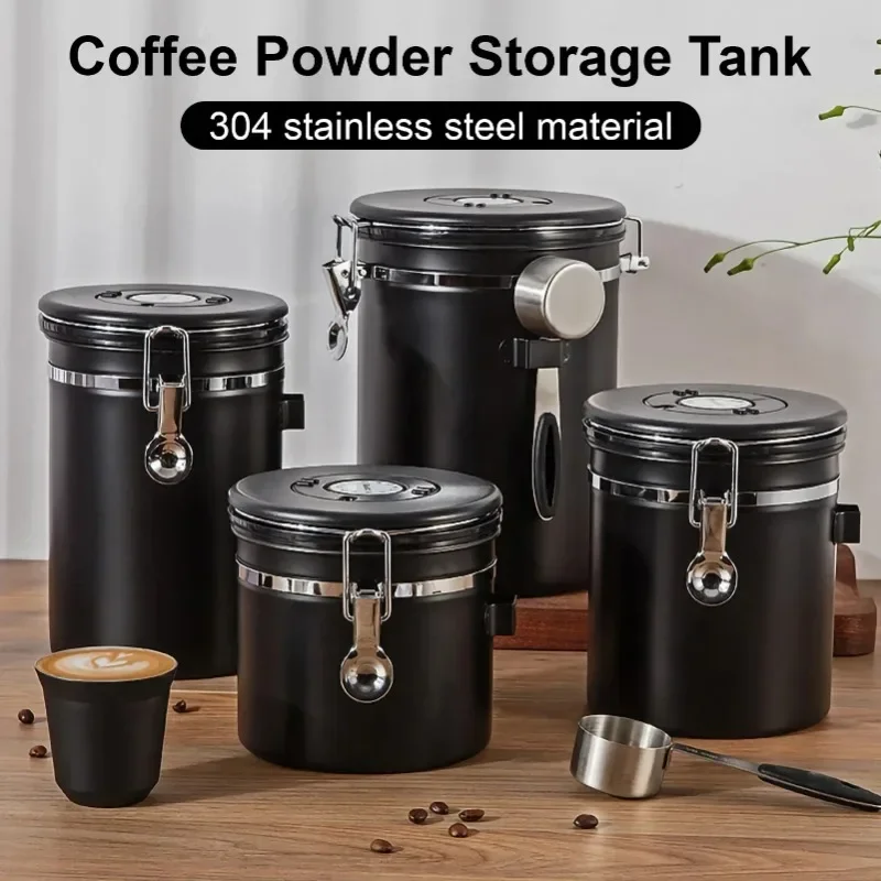 Food Storage Vacuum Containers - Kaffeebohnen-Vakuum-Vorratsglas aus Edelstahl 304, mit Löffel,