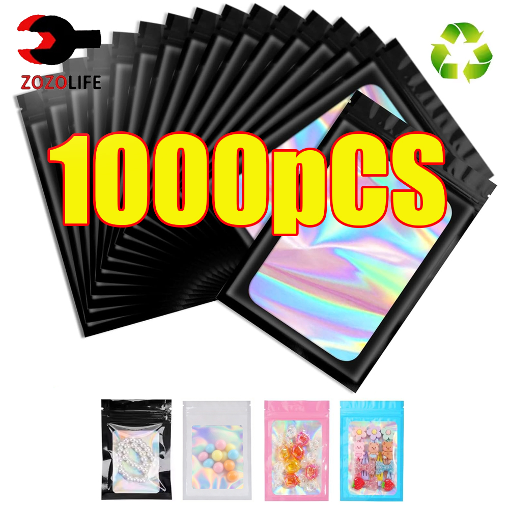 Food Storage Zip Bags - 10-1000 Stück Holografische Ziplock-Beutel Schwarze Plastik-Laser-Irisierende