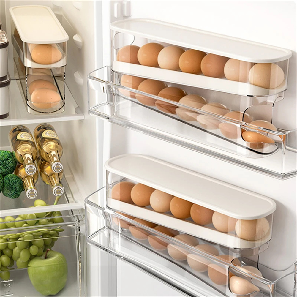 Egg Storage Holder - 1 Stück Schiebe-Eierkarton mit Doppel-Automatik-Eierroller für
